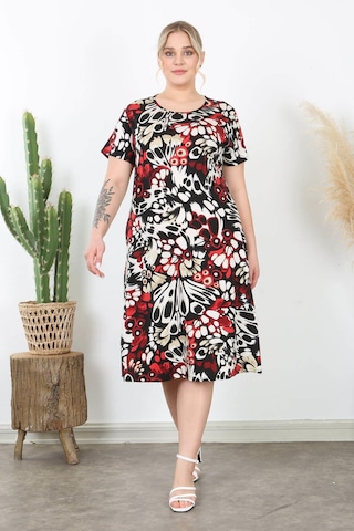 Kadın Kırmızı Bej Kanat Desen Midi Elbise Kırmızı