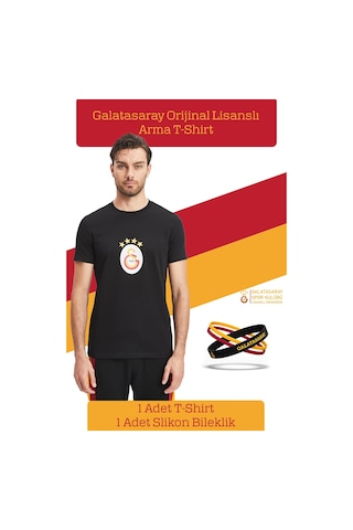 Galatasaray Lisanslı Arma T-shirt + Bileklik Set Ahşap Kutulu 100 Siyah