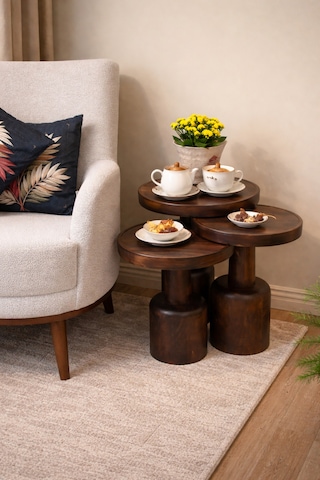 Ihlamur Wood Design Oluklu Üçlü Mantar Sehpa Ceviz Rengi Ahşap