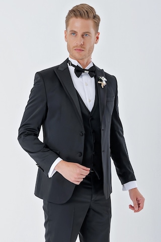 İmza Siyah Desenli Armürlü Çıkarılabilir Kırlangıç Yaka 6 Drop Slim Fit Smokin Damatlık Takım 1001230213-Siyah