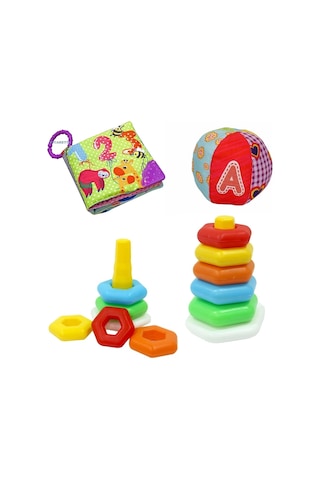 Renkli Altıgen Halkalar + Hışırtılı İlk Kitabım + Çıngıraklı Top Eğitici Zeka Geliştirici Set
