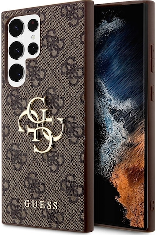 Galaxy Uyumlu S24 Ultra Kılıf Guess Lisanslı Pu Deri Yazı Ve 4g Metal Logolu Desenli Kapak Kahverengi