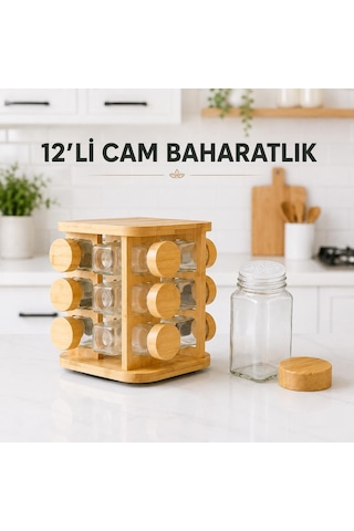 12 Li Cam Baharatlık Seti Bambu Kapaklı Kare Döner Standlı Tuzluk Baharat Takımı Çok Renkli