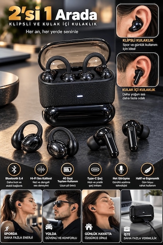 Kablosuz Bluetooth Kulaklık 2 Si 1 Arada Klipsli Kulak İçi 4 Lü S