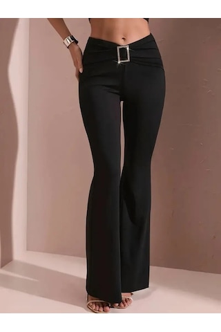 Simala Kadın Yüksek Bel Tokalı Ispanyol Paçalı Dalgıç Pantolon Siyah