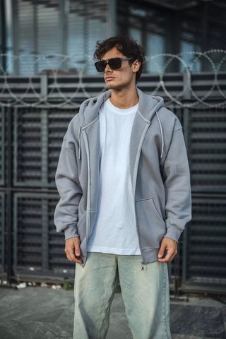 Blacktree Oversize Tam Fermuarlı Uzun Kol Hırka - Gri Gri