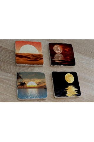 Ay Ve Gün Batımı Manzaralar Doğal Taş Bardak Altlığı 4'lü Set - Natural Stone Coasters - Taş Çok Renkli