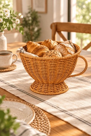 Atbyhome Büyük Boy Doğal Hasır Rattan Kupa Sepet 20x16 Cm - Kulplu Ayaklı Masa Üstü Ekmeklik Ve Meyvelik Kahverengi