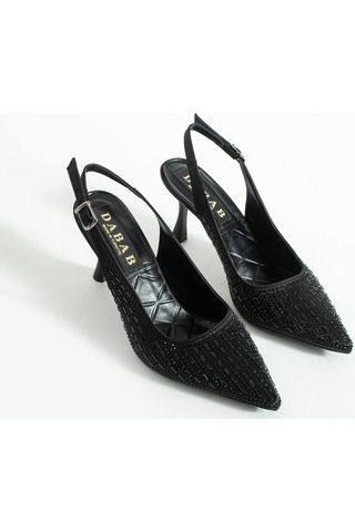Dabab Shoes Merıa Kadın Siyah 7 Cm Sivri Burun Kristal Taş İşlemeli Slingback Topuklu Ayakkabı