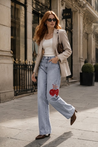 Cedy Denim Cedy Denım Kadın Yüksek Bel Straight Fit Kiraz Baskılı Buz Mavi Jean Pantolon E7007 Buz Mavisi