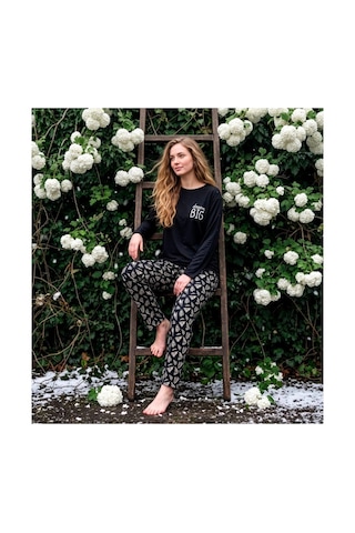 Pijamoni Kadın Sofya Kumaş Bisiklet Yaka Pijama Takımı Siyah