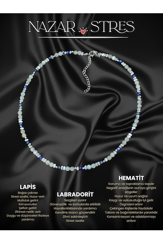 Sertifikalı Labradorit, Lapis Lazuli Ve Hematit Doğal Taşlı Çelik Kadın Kolye Gri