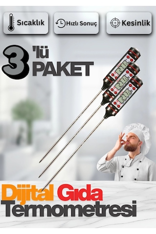 Dijital Lcd 3 Adet Siyah Renk Gıda Yemek Termometresi Yemek Isı Ölçer Pil Hediyeli
