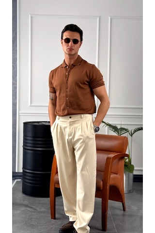 Modefendi Slim Fit Polo Yaka Triko Pamuk Kısa Kollu Gömlek Kahverengi