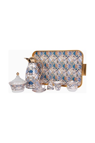 Roomours Blue Flower Gold 22 Parça Porselen Kahve Çay Takımı - Çift Katmanlı Termos Blue Gold