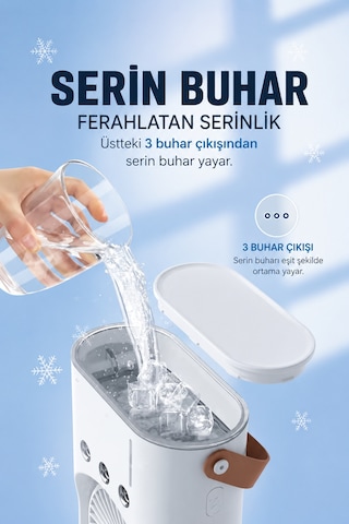 Sulu Buharlı Çift Başlıklı Klima Fanı Taşınabilir Usb Şarjlı 3 Kademeli Led Işıklı, Masaüstü Fan, Taşınabilir Fan