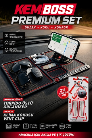Kemboss Premium Araç Organizer Ve Papaya Klima Kokusu Seti Numaratörlü Torpido Organizer Kırmızı
