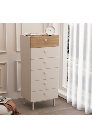 Robinhome Rhode Şifonyer 6 Çekmeceli Ahşap Ayaklı Kumsal-sepet Bej