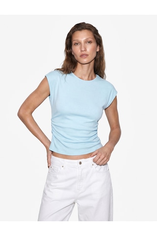 Koton Pamuklu Slim Fit Drape Detaylı Bisiklet Yaka Kısa Kollu Tişört Mavi 6sak50515ek