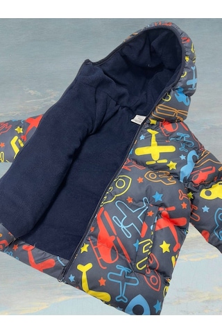 Kız Çocuk Içi Polarlı Kapüşonlu Helikopter Desenli Kışlık Şişme Mont Çok Renkli