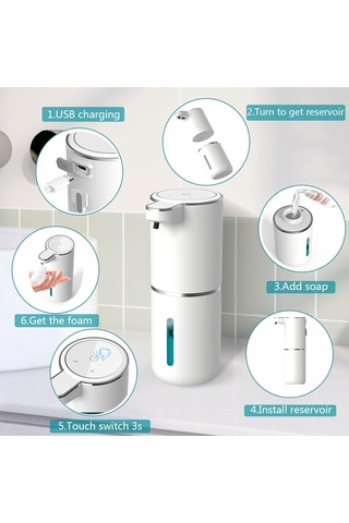 Qingmipy Otomatik Köpük Sabunluk - 380ml Usb Şarjlı Dokunmatiksiz Duvar Sabun Dispanseri Beyaz