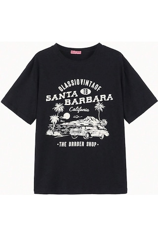 Santa Barbara T-shirt - Siyah Baskılı Oversize Bisiklet Yaka Kısa Kol SIYAH