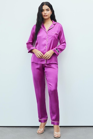Amour Fuşya Uzun Saten Pijama Takımı Fuşya