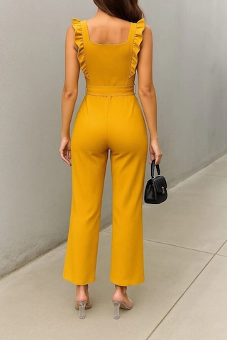 Veraura Lifestyle Kadın Tül Kumaş Kare Yaka Kuşaklı Tulum Sarı