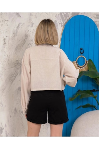 Kemer Cepli Keten Crop Gömlek Krem S255350 Krem