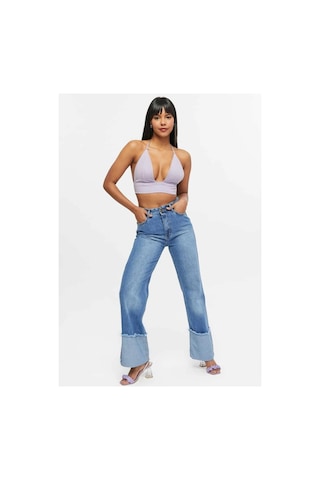 Kene Jeans Yüksek Bel Mavi İşlemli Ters Paça Püskül Detaylı Kot Jeans Mavi İşlemli