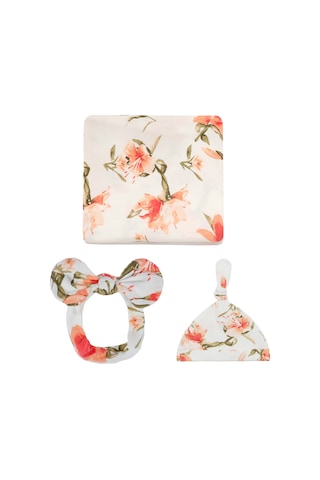 Moveevo Su5013 Bebek Kundak Üçlü Set Baskılı Kundak + Şapka + Saç Bandı 80 80cm Beyaz Şakayık Çok Renkli