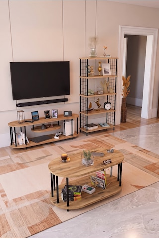 Salon Oturma Odası Takımı Metal Ayaklı Tv Ünitesi Kitaplık Orta Sehpa Avantajlı Mobilya Seti Atlantik Çam