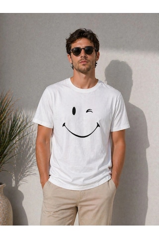 Barlashive Erkek Minimal Gülümseyen Yüz Baskılı Tişört Kısa Kol Yazlık T-shirt - Beyaz Çok Renkli