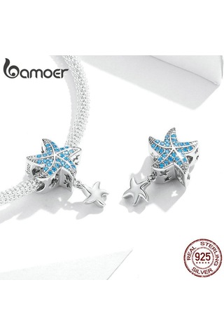Bamoer Hakiki 925 Ayar Gümüş Mavi Cz Denizyıldızı Kolye Charm Fit Orijinal Bilezik Dıy Takı Gümüş