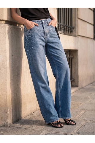 Lc Waikiki Lc Waıkıkı İndigo Taşlı Straight Fit Kadın Jean Pantolon