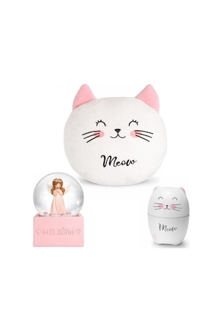Kedi Temalı Dekoratif Tasarıma Sahip Hediye Seti Peluş Kedi Yastık + Buhar Makinesi Nemlendirici + Melek Figürlü Kar Küresi Dekoratif Hediye Seti