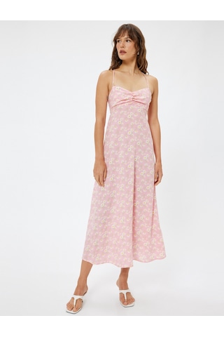 Koton Keten Karışımlı Midi Boy Çiçekli Askılı Elbise Slim Fit Drape Detaylı Pembe Desenli 4sak80474pw Pembe
