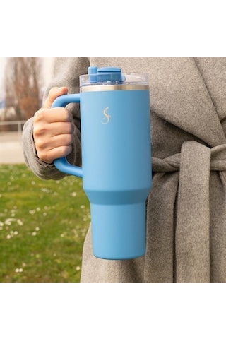 Lurch - Big Cup 1.2 L Okyanus Mavi, Paslanmaz Çelik Termos - Uzatılabilir Pipetli, Çift Cidarlı, Sızdırmaz - 240979 Beyaz