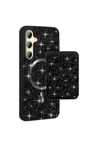Teleplus Samsung Uyumlu Galaxy S26 Kılıf Taşlı Mozaik Manyetik Şarj Kapak + Taşlı Kartlık Siyah
