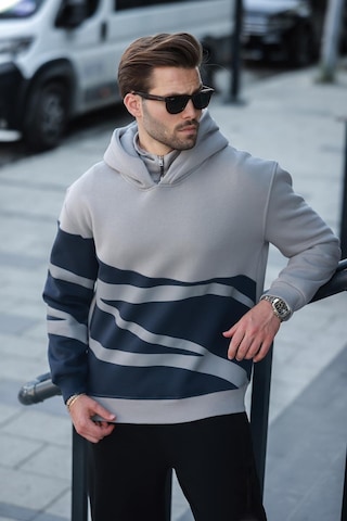 Madmext Boyalı Gri Kapüşonlu Fermuar Yaka Desenli Erkek Sweatshirt E7162 Gri