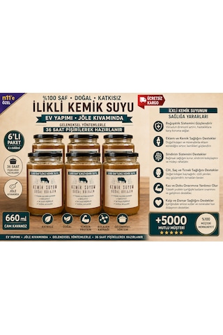 6x660 Ml Ev Yapımı İlikli Kemik Suyu Jöle Kıvamında %100 Doğal 36 Saat Geleneksel Yöntemlerle Pişirilmiş Doğal Kolajen