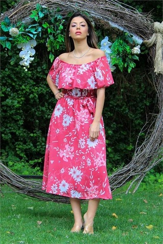 Neşeli Butik Kadın Fuşya Bağlama Detaylı Madonna Yaka Şifon Elbise Nb100371 Fuşya