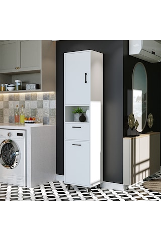 Çamaşır Sepetli Banyo Dolabı, Çok Amaçlı Çekmeceli Dolap 45 X 200 Mat Beyaz