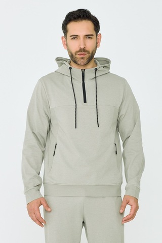 White Stone Açık Yeşil Kapüşonlu Yarım Fermuarlı Yandan Cepli Erkek Sweatshirt Khaık