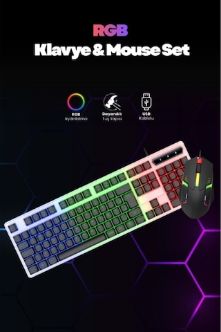 Kablolu Işıklı Gaming Standart Türkçe Q Klavye Ve Mouse Seti Optik