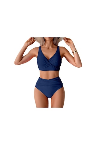 2 Adet/set Kadın Bikini Seti Derin V Yaka Dolgulu Telsiz Sütyen Yüksek Bel Yüzme Şortu Seti Düz Renk Yırtmaçlı Tasarım Plaj Giyim Mavi