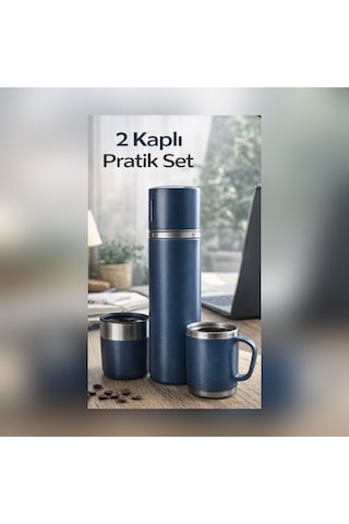 500ml Vakumlu Termos Seti 2 Kaplı 12 Saat Sıcak/soğuk Taşınabilir Bardaklı Termos Set Mavi