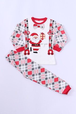 Çocuk Yılbaşı Pijama Takımı Noel Baba Baskılı Ribanalı D8 Kırmızı