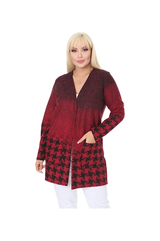 Melsay Butik Kırmızı Kazayağı Desen Kısa Büyük Beden Kadın Hırka Kırmızı