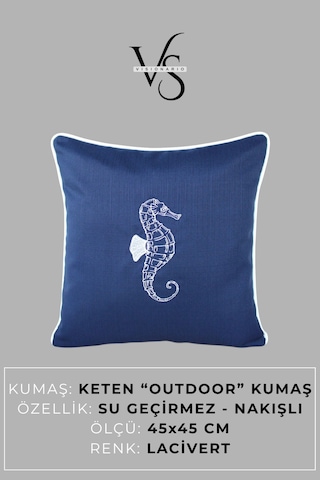 Kırlent Kılıfı 45x45 3'lü Set Marin Nakışlı Deniz Atı Desen Su İtici Outdoor Keten Tekne Bahçe Lacivert